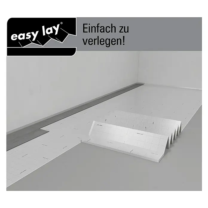 b!design Dämmunterlage Silent Profi Easy Tape - 10,2 m², Stärke: 1,5 mm - Das Bild zeigt "easy lay" Bodenbeläge. Es sind einfache Bodenfliesen zum Verlegen in einem Raum mit grauem Sockel.