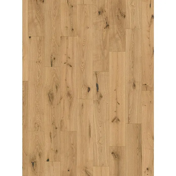 Parador Parkett Basic 11.5 - Eiche Chianti leicht geweißt, Landhausdiele, 1.080 x 185 x 11,5 mm - Ein Bild von hellem Eichenparkett. Die Holzbretter sind natürlich gemustert und haben dunkle Astlöcher, die für einen rustikalen Look sorgen.