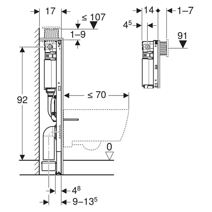 Geberit Duofix WC-Vorwandelement 111.030.00.2 - 2-Mengen-Spülung, L x B x H: 14 x 50 x 98 cm - Schematische Zeichnung eines Badezimmersystems mit hervorgehobenen Abmessungen für Installationszwecke.