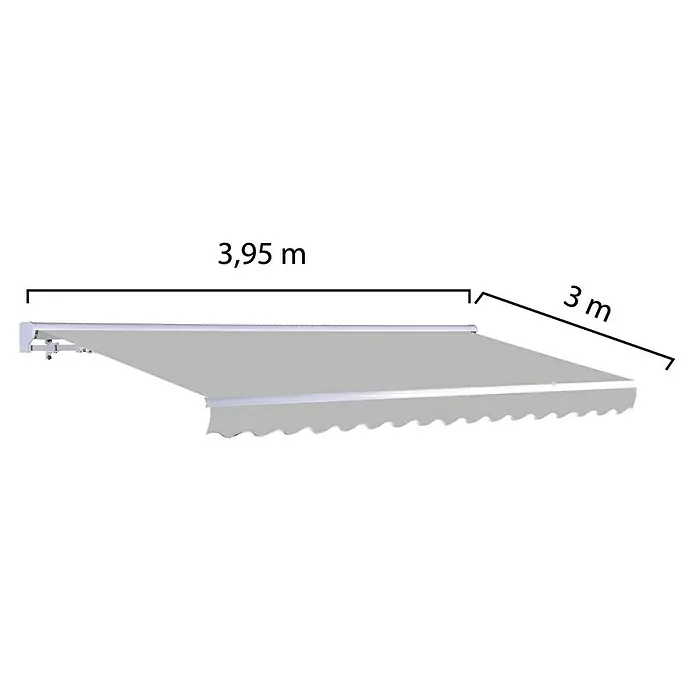 SmartSun Toldo de brazos extensibles Vivant - Gris piedra, Ancho: 4 m, Caída: 3 m - Ilustración de un toldo gris con dimensiones de 3,95 m de ancho y 3 m de proyección, perfecto para patios y balcones.
