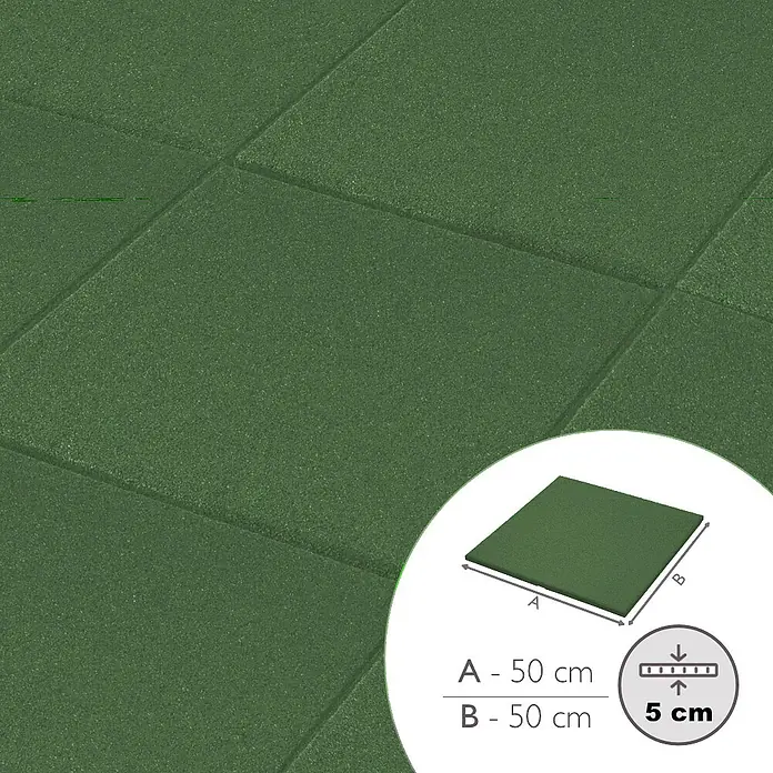 Fallschutzmatte EPDM - Grün, 50 x 50 x 5 cm - Grüne Gummifliese für Fitnessstudios oder Spielplätze mit den Maßen 50 x 50 cm und einer Dicke von 5 cm.