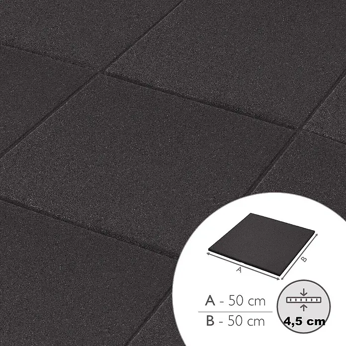 Fallschutzmatte - Schwarz, 50 x 50 x 4,5 cm - Schwarze Gummifliese für Fitnessstudios mit den Maßen 50 x 50 cm und einer Dicke von 4,5 cm.