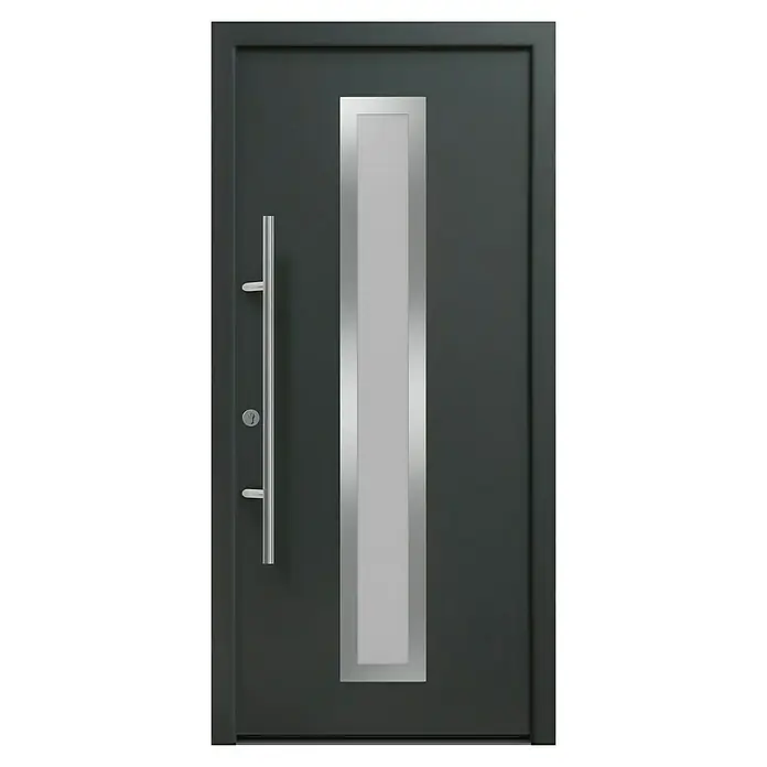 Hörmann EcoStar Haustür ISOPRO Secur IPS 700S - 110 x 210 cm, DIN Anschlag: Links, CH 7016 Matt deluxe, Anthrazitgrau - Elegante Haustür in Anthrazit mit vertikalem Glaseinsatz und modernem Edelstahlgriff. Stilvolles Design für einen einladenden Eingangsbereich.