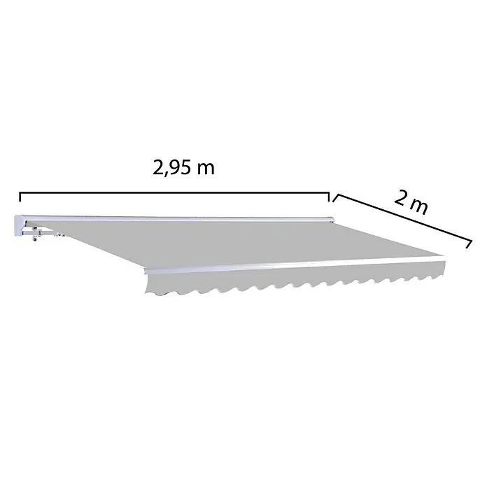 SmartSun Toldo de brazos extensibles Vivant - Gris piedra, Ancho: 3 m, Caída: 2 m - Imagen de un toldo gris con dimensiones de 2,95 m x 2 m. El toldo está extendido y tiene un borde festoneado.
