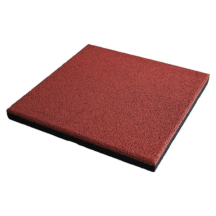 Fallschutzmatte EPDM - Rot, 50 x 50 x 4 cm - Nahaufnahme einer roten Gummifliese mit schwarzer Unterseite, ideal für Sportböden oder Spielplätze. Robust und langlebig.