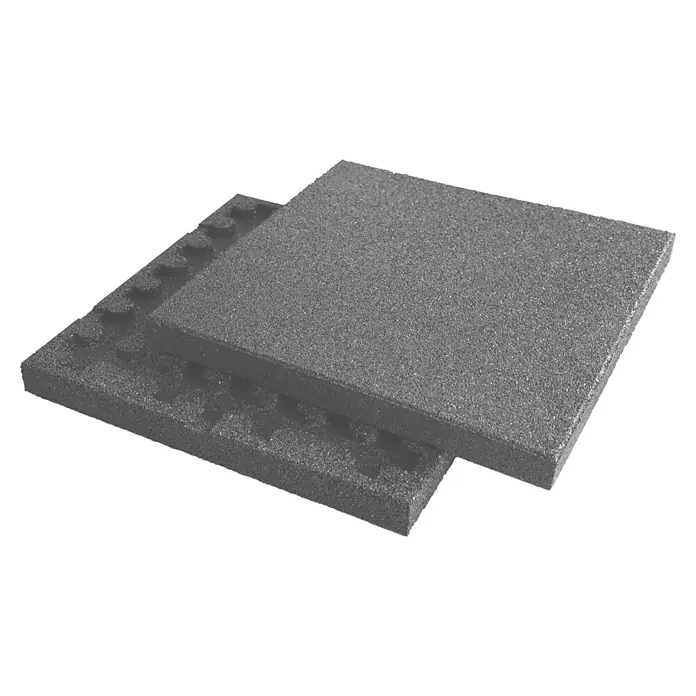 Fallschutzmatte - Grau, 50 x 50 x 4,5 cm - Nahaufnahme von zwei grauen, ineinandergreifenden Gummi-Bodenfliesen, ideal für Fitnessstudios oder Spielbereiche.