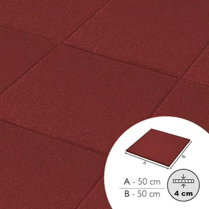 Fallschutzmatte EPDM - Rot, 50 x 50 x 4 cm - Rote Gummifliese mit den Maßen 50x50 cm und einer Dicke von 4 cm, ideal für Fitnessstudios und Spielplätze.