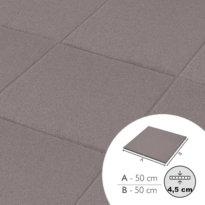 Fallschutzmatte - Grau, 50 x 50 x 4,5 cm - Nahaufnahme eines quadratischen Bodenbelags mit den Maßen 50x50 cm und einer Dicke von 4,5 cm. Ideal für eine komfortable und stilvolle Bodengestaltung.