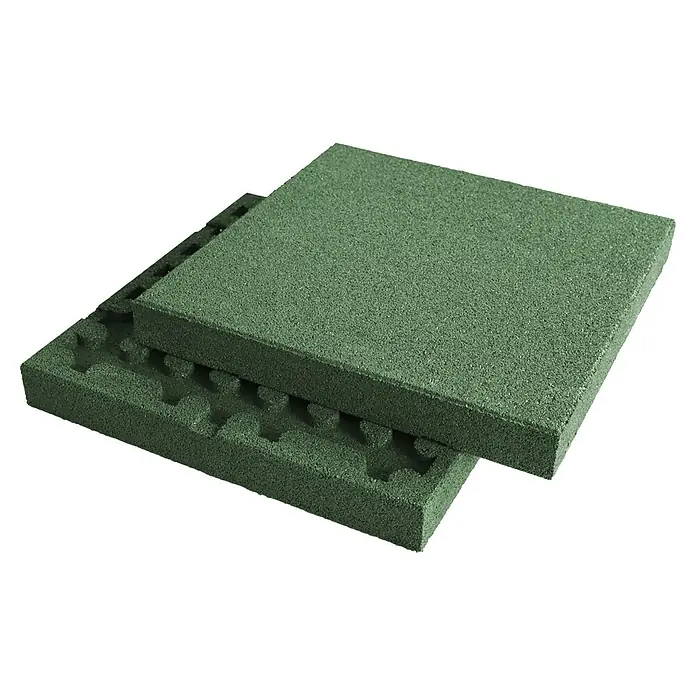 Fallschutzmatte - Grün, 50 x 50 x 6 cm - Bild von zwei grünen Gummipads. Die Oberseite ist glatt, die Unterseite hat ein ineinandergreifendes Design für die einfache Installation.
