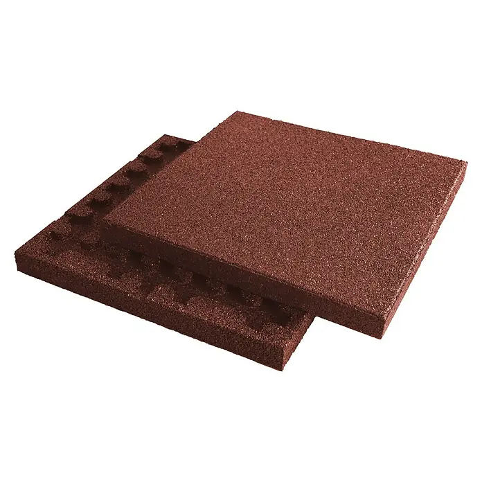 Fallschutzmatte - Rot, 50 x 50 x 4,5 cm - Zwei braune Gummifliesen für den Bodenbelag, die sich ideal für Fitnessstudios oder Spielplätze eignen. Die Oberfläche ist rau und rutschfest.
