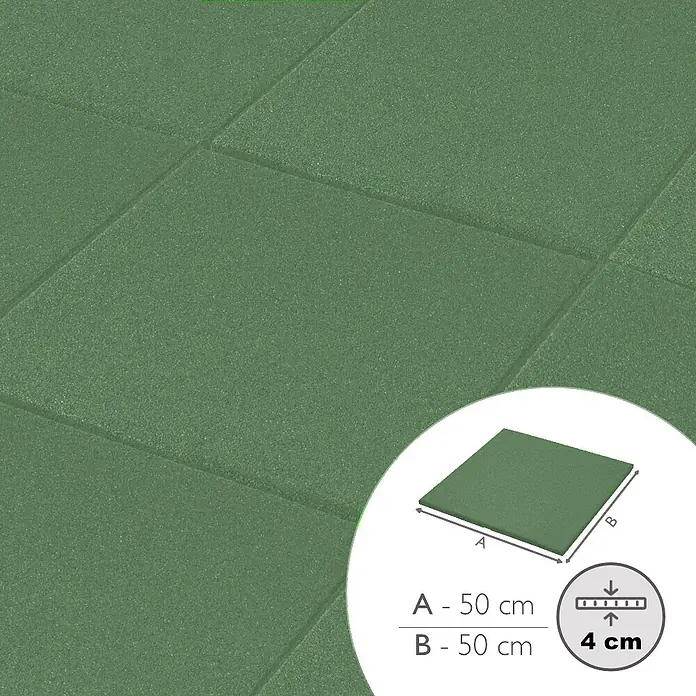 Fallschutzmatte EPDM - Grün, 50 x 50 x 4 cm - Eine grüne, quadratische Gummifliese für den Boden, die 50x50 cm groß und 4 cm dick ist. Ideal für Fitnessstudios oder Spielplätze.