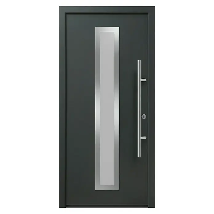 Hörmann EcoStar Haustür ISOPRO Secur IPS 700S - 110 x 210 cm, DIN Anschlag: Rechts, CH 7016 Matt deluxe, Anthrazitgrau - Moderne Haustür in Anthrazit mit einem senkrechten Glaselement und einem langen, silberfarbenen Griff.