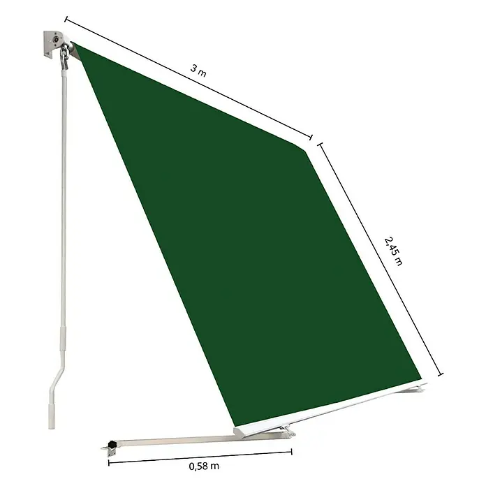 SmartSun Toldo para balcón Urban - Verde, Ancho: 3 m, Caída: 2,45 m - Toldo con cubierta verde y dimensiones indicadas, destacando las especificaciones del producto.