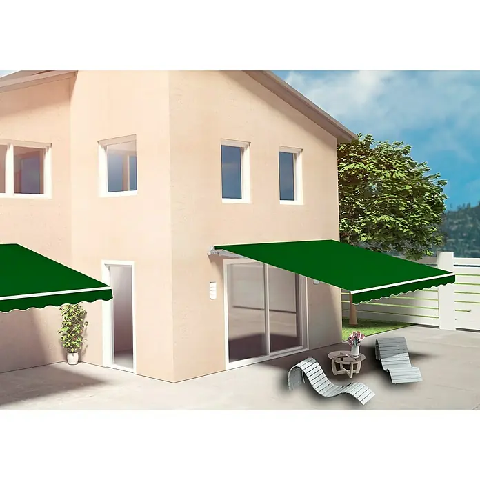 SmartSun Toldo de brazos extensibles Easy Lite - Verde bosque, Ancho: 3 m, Caída: 2 m - Toldo verde que da sombra a un patio con tumbonas, mejorando la experiencia al aire libre con estilo.