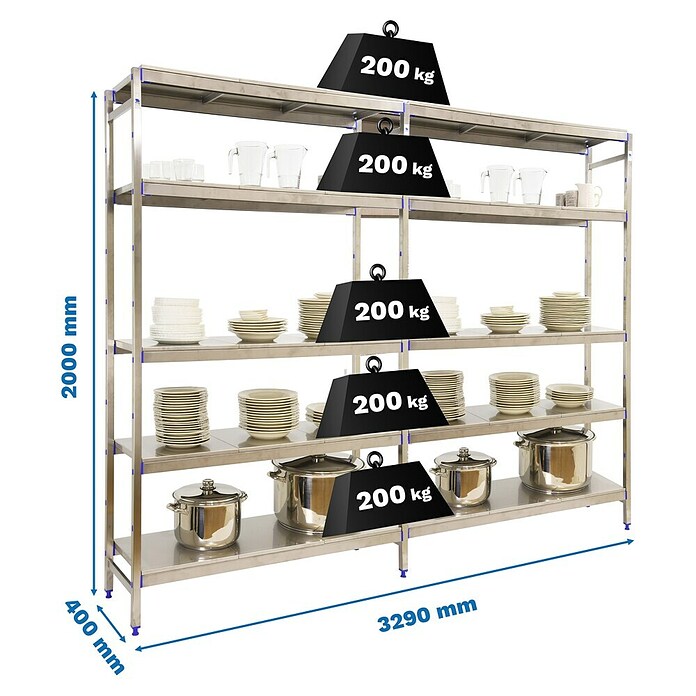 Simonrack Simoninox Estantería metálica Inicial (Al x An x Pr: 200 x 329 x 40 cm, Capacidad de carga por balda: 200 kg, Número de baldas: 5 ud., Inserción, Material balda: Acero inoxidable) | BAUHAUS