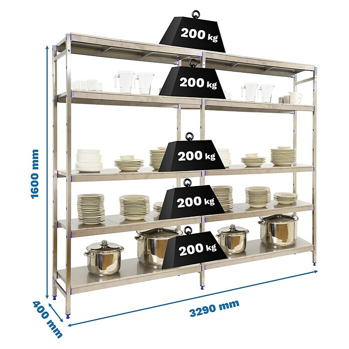 Simonrack Simoninox Estantería metálica Inicial (Al x An x Pr: 160 x 329 x 40 cm, Capacidad de carga por balda: 200 kg, Número de baldas: 5 ud., Inserción, Material balda: Acero inoxidable) | BAUHAUS