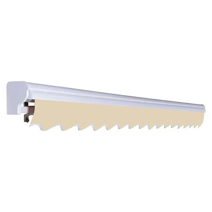 SmartSun Toldo de brazos extensibles Vivant - Beige arena, Ancho: 3 m, Caída: 2 m - Imagen de un toldo beige con borde festoneado adjunto a un soporte de montaje blanco.