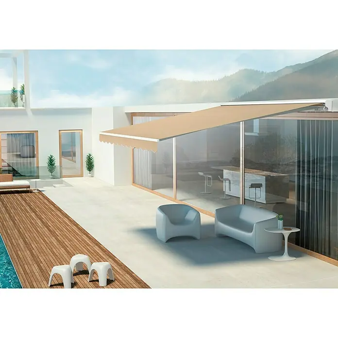 SmartSun Toldo de brazos extensibles Vivant - Beige arena, Ancho: 3 m, Caída: 2 m - Imagen de patio con un elegante toldo de brazo articulado beige que proporciona sombra, complementando el diseño moderno.