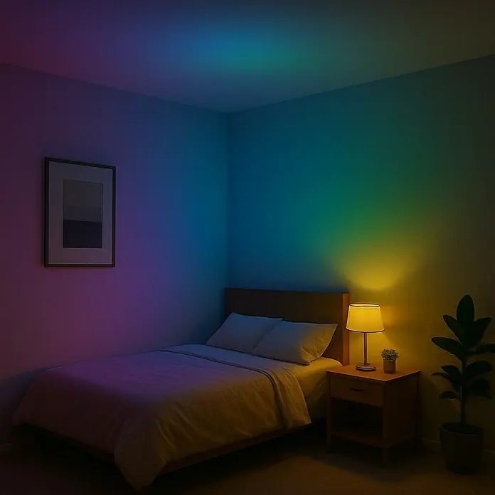 Muvit iO Bombilla LED inteligente - RGB, 1.400 lm, 1 ud. - Dormitorio con lámparas RGB inteligentes para iluminación ambiental, proyectando colores en la pared.