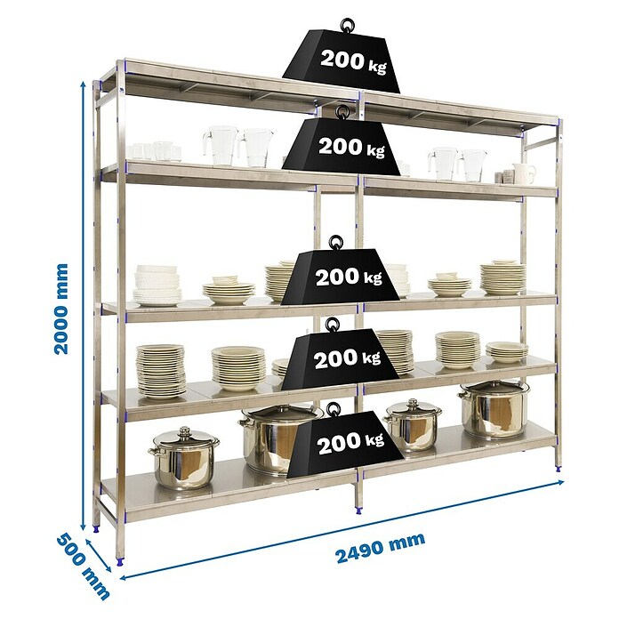 Simonrack Simoninox Estantería metálica Inicial (Al x An x Pr: 200 x 249 x 50 cm, Capacidad de carga por balda: 200 kg, Número de baldas: 5 ud., Inserción, Material balda: Acero inoxidable) | BAUHAUS
