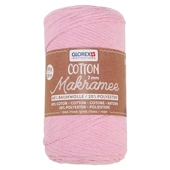 Glorex Wolle Makramee-Cotton - Rosa, Durchmesser: 2 mm, 250 g - Ein Knäuel rosa Glorex Cotton Makramee Garn, ideal für kreative Handarbeiten und DIY-Projekte. Enthält 80% Baumwolle und 20% Polyester.