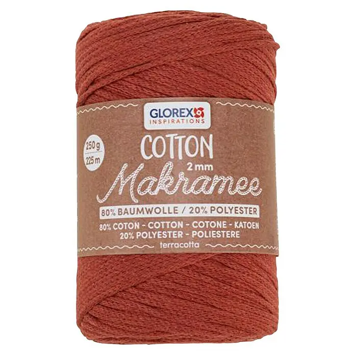 Glorex Wolle Makramee-Cotton - Teracotta, Durchmesser: 2 mm, 250 g - Ein Knäuel Baumwollgarn von Glorex in Terracotta, ideal zum Makramee-Knüpfen. Das Garn besteht aus 80% Baumwolle und 20% Polyester.