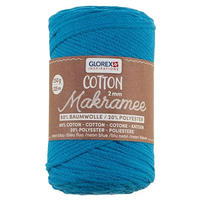 Glorex Wolle Makramee-Cotton - Neonblau, Durchmesser: 2 mm, 250 g - Ein Knäuel türkisfarbenes Glorex Cotton Makramee-Garn (2 mm) mit einer Zusammensetzung aus 80 % Baumwolle und 20 % Polyester.