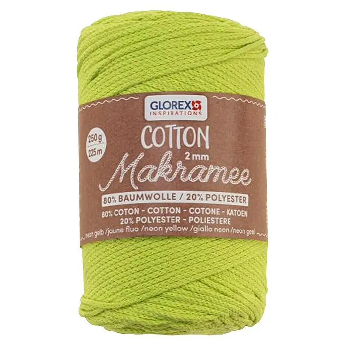 Glorex Wolle Makramee-Cotton - Neongelb, Durchmesser: 2 mm, 250 g - Ein Knäuel Glorex Cotton Makramee Garn in Neongelb, ideal für kreative Bastelprojekte. Das Garn besteht aus 80% Baumwolle und 20% Polyester.