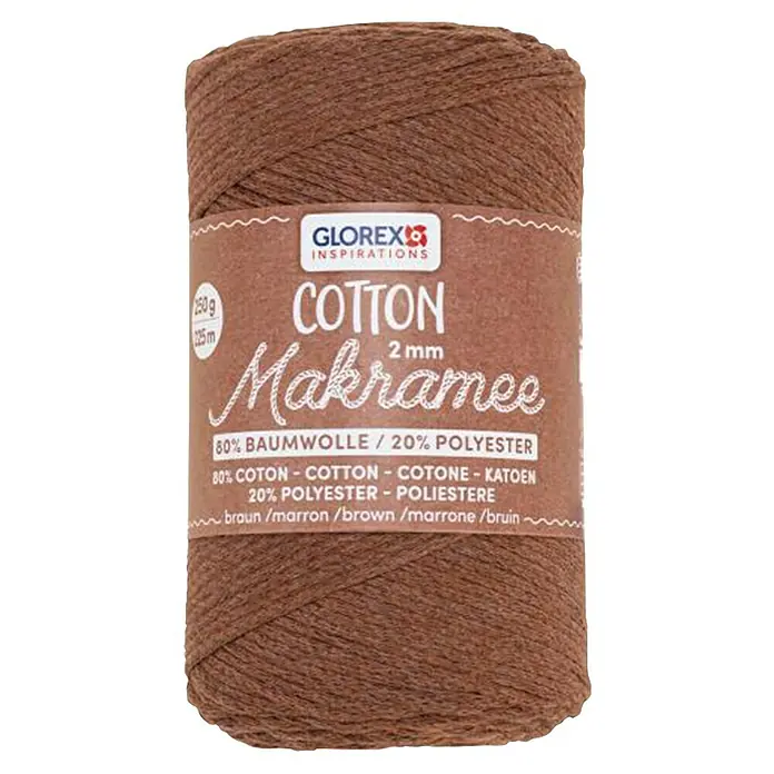 Glorex Wolle Makramee-Cotton - Braun, Durchmesser: 2 mm, 250 g - Ein Knäuel GLOREX Baumwoll-Makramee-Garn in Braun, ideal für kreative Bastelprojekte. Das Garn besteht aus 80% Baumwolle und 20% Polyester.