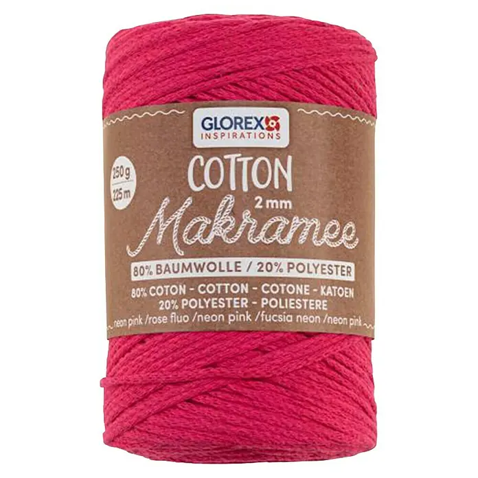 Glorex Wolle Makramee-Cotton - Neonpink, Durchmesser: 2 mm, 250 g - Ein Knäuel pinkes Glorex Cotton Makramee Garn, ideal zum Knüpfen von Makramee-Projekten, bestehend aus 80% Baumwolle und 20% Polyester.