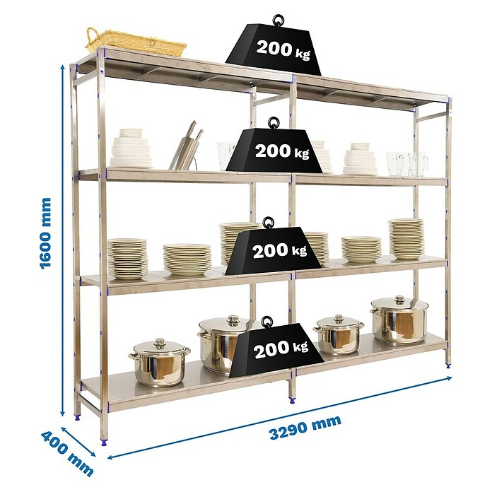 Simonrack Simoninox Estantería metálica Inicial (Al x An x Pr: 160 x 329 x 40 cm, Capacidad de carga por balda: 200 kg, Número de baldas: 4 ud., Inserción, Material balda: Acero inoxidable) | BAUHAUS
