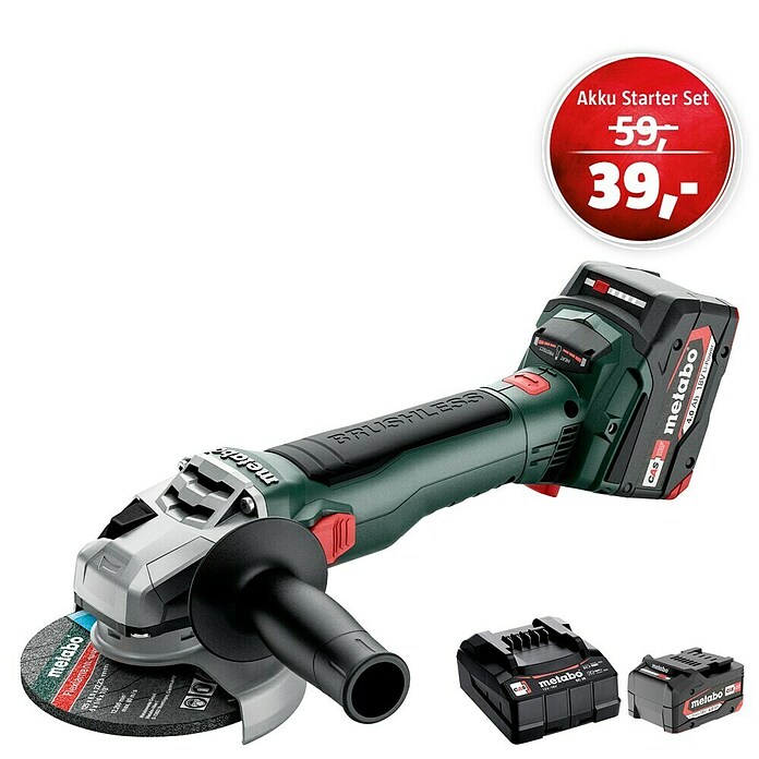 Metabo CAS 18V Maschinenpaket (Akku-Winkelschleifer W 18 LT BL 11-125 + 39€ Akku-Basis-Set) | BAUHAUS
