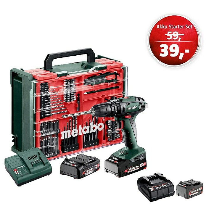Metabo CAS 18V Maschinenpaket (Akku-Schlagbohrschrauber-Set SB 18 + 39€ Akku-Basis-Set, 87 -tlg.) | BAUHAUS