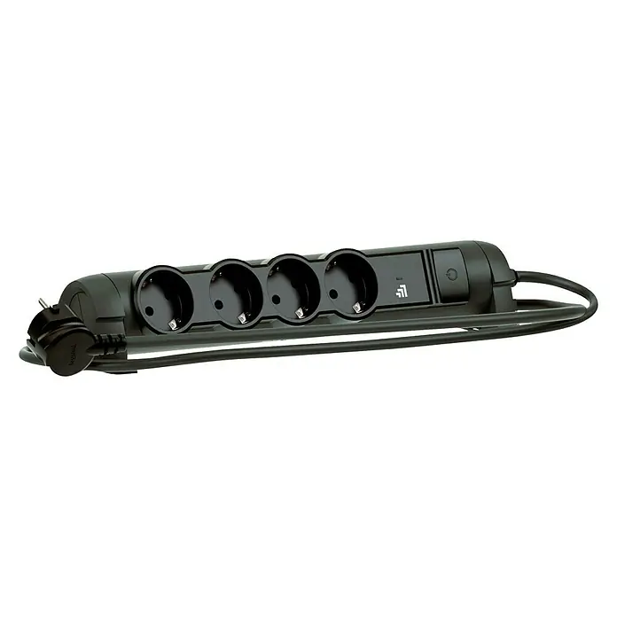 Legrand Base de enchufe múltiple - Negro, Longitud del cable: 1,5 m, Con interruptor - Un enchufe múltiple negro con cuatro tomas, un interruptor y un cable de alimentación.
