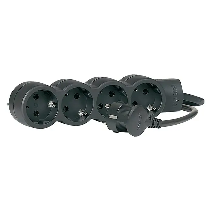 Legrand Base de enchufe múltiple Standard - Negro, Longitud del cable: 1,5 m, 4 ud. - Regleta con cuatro enchufes y protección contra sobretensiones integrada para un funcionamiento seguro de los dispositivos electrónicos.