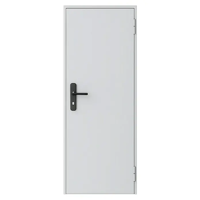 Novoferm Puerta cortafuegos EI2 60 C5 - 88,5 x 203,5 cm, Izquierda, Blanco - Una elegante puerta de una sola hoja en gris neutro, con una moderna manija negra y bisagras robustas.