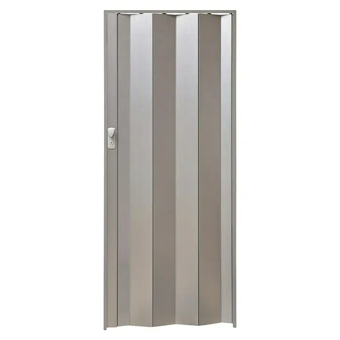 Grosfillex Puerta plegable Spacy - 84 x 205 cm, Plata - Primer plano de una puerta plegable blanca con manija y cerradura, ideal para soluciones de ahorro de espacio en diseño interior.