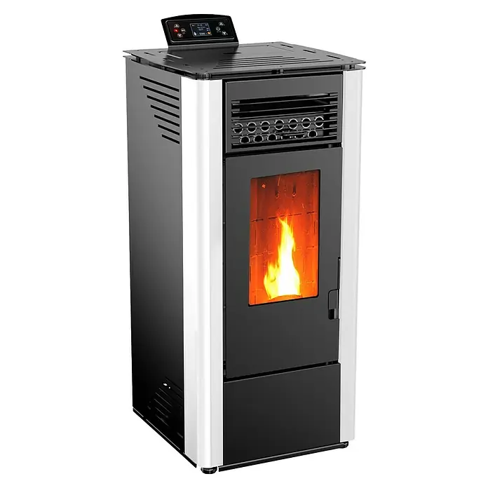 Estufa de pellets King - 9,4 kW, Volumen de calefacción: 180 m³, 0,56 kg/h - 2,02 kg/h, Blanco/Antracita - Una estufa de pellets con llama visible y controles digitales. Su diseño moderno se adaptaría bien a los espacios de vida.