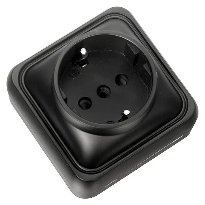 Fontini BF-18 Enchufe - Grafito, Plástico, Colocar, Toma a terra - Un primer plano de un enchufe Schuko negro, comúnmente utilizado para conectar aparatos eléctricos en Europa.