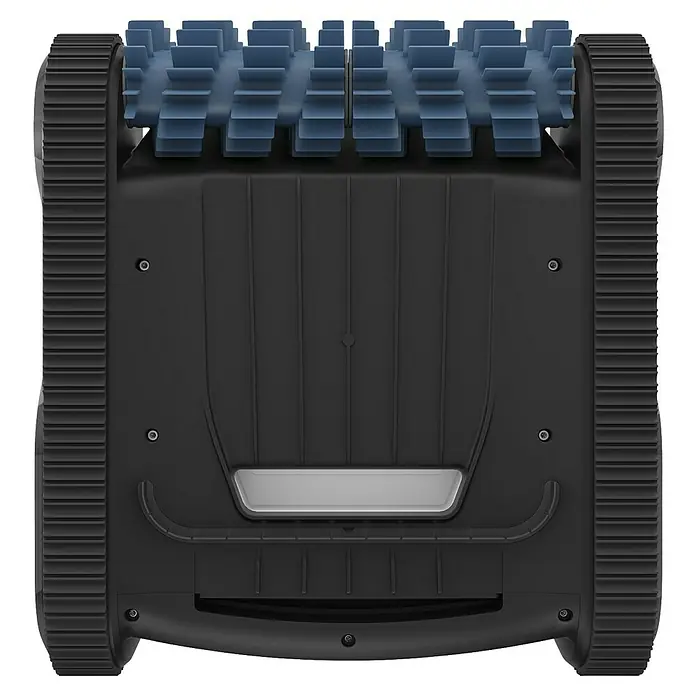 Mammotion Poolroboter Spino E1 - Akkubetrieben, Passend für: Pools bis 150 m² Grundfläche, Filterleistung: 21.900 l/h - Draufsicht eines schwarzen Poolreinigungsroboters mit blauen Bürsten und Raupenantrieb. Praktischer Helfer für saubere Pools.