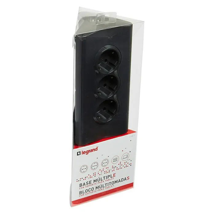 Legrand Base de enchufe múltiple Momo - Negro, Longitud del cable: 1,5 m - Una toma múltiple Legrand con soporte para tablet en un embalaje transparente, ideal para escritorios y otras superficies.