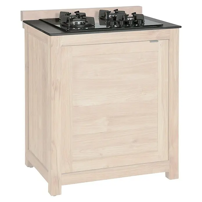 Kingstone Arbeitsplatte - Keramik, Passend für: Sunfun Zoe Grillküchen-Modul Kochfeld - Holzfarbener Küchenschrank mit schwarzem Kochfeld. Das Holz hat eine ausgeprägte Maserung und verleiht dem Schrank einen natürlichen Look.