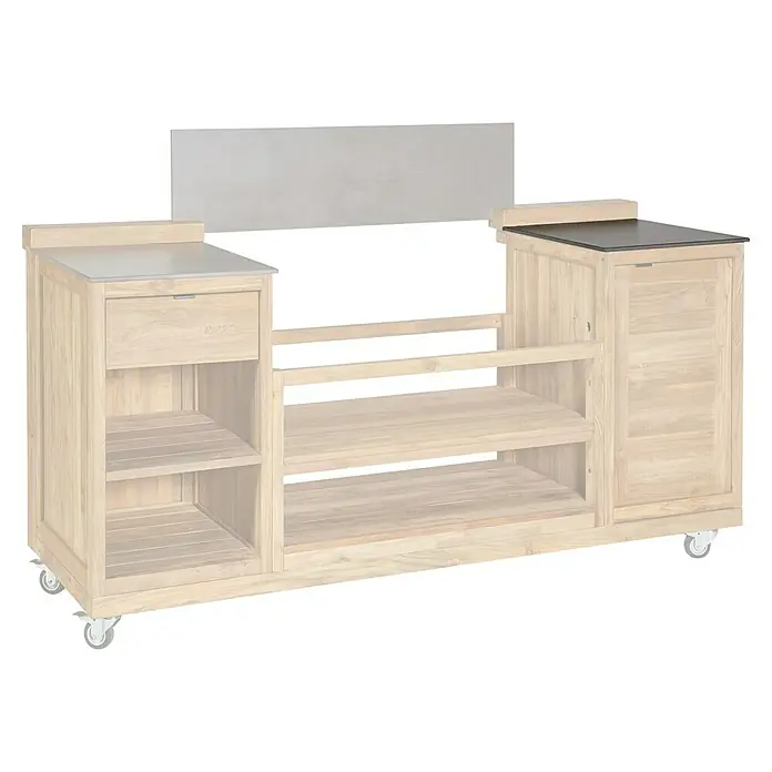 Kingstone Arbeitsplatte - Keramik, Passend für: Sunfun Zoe Grillinsel, Rechts - Eine rollbare Kücheninsel aus Teakholz mit Arbeitsfläche, Schublade, Schrank und Regalen, die Funktionalität und Stil vereint.