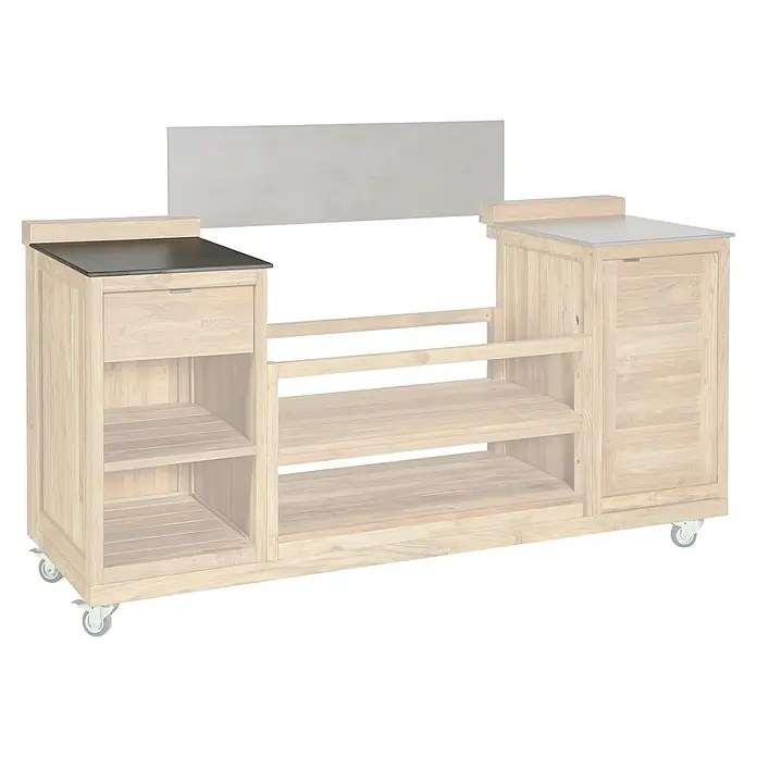 Kingstone Arbeitsplatte - Keramik, Passend für: Sunfun Zoe Grillinsel, Links - Bild eines Teakholz-Servierwagens mit Arbeitsplatte, Schublade, Schrank und Regalen, ideal für den Außenbereich.