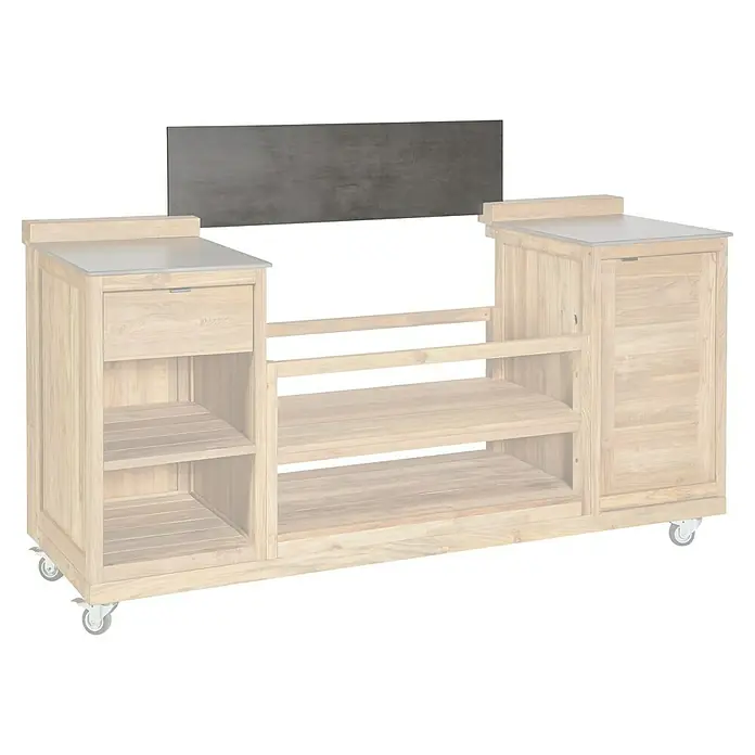 Kingstone Arbeitsplatte - Keramik, Passend für: Sunfun Zoe Grillinsel, Mitte - Dieses Bild zeigt einen rustikalen, rollbaren Servierwagen aus Holz mit Ablageflächen, Schublade und Schrank für Küche oder Essbereich.