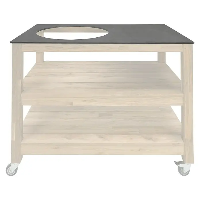 Kingstone Arbeitsplatte - Keramik, Passend für: Sunfun Zoe Grillküchen-Modul Kamado - Bild eines Grilltisches mit zwei Regalen aus hellem Holz und einer grauen Tischplatte, ideal für Outdoor-Kochbereiche.