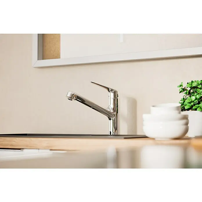 Hansgrohe Focus M41 Grifo de cocina - Cromo, Brillante - Elegante grifo de cocina cromado con rociador extraíble, que combina estilo y practicidad.