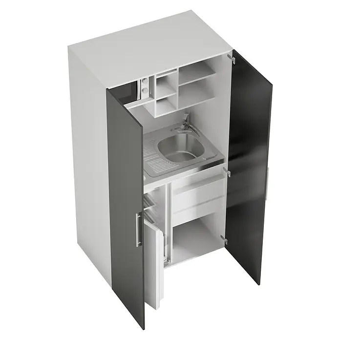 Respekta Cocina en armario Peter - Ancho: 104 cm, Negro, Placa de cocina doble y microondas - Cocina compacta con fregadero, espacio para microondas y almacenamiento. Ideal para espacios pequeños, con puertas grises modernas.