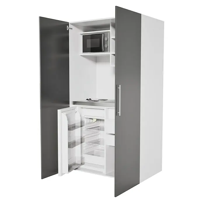 Respekta Cocina en armario Peter - Ancho: 104 cm, Gris, Placa de cocina doble y microondas - Un armario de cocina abierto con microondas y refrigerador. Armario de cocina moderno con tonos grises y blancos, ideal para cualquier cocina moderna.