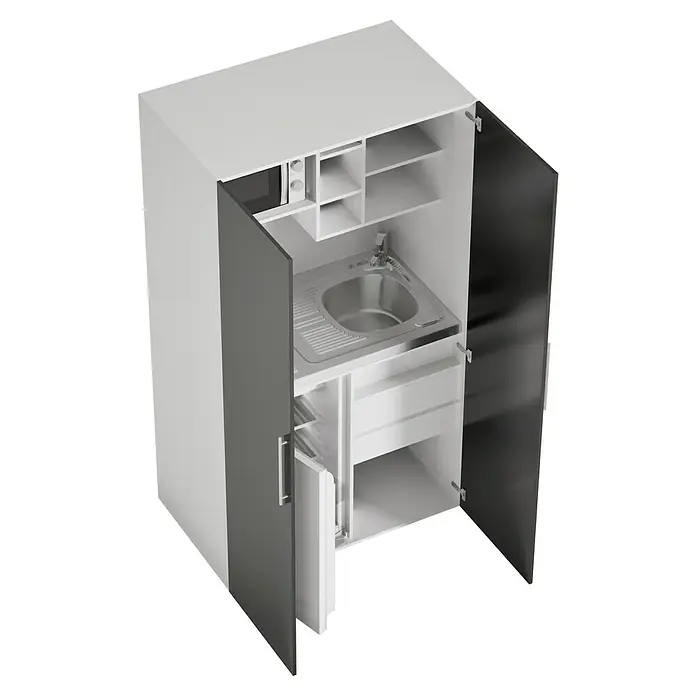 Respekta Cocina en armario Peter - Ancho: 104 cm, Negro, Con placa vitrocerámica y microondas - Cocina americana con fregadero, microondas y almacenamiento. Práctica y espaciosa para cocinas pequeñas o pisos de estudiantes.